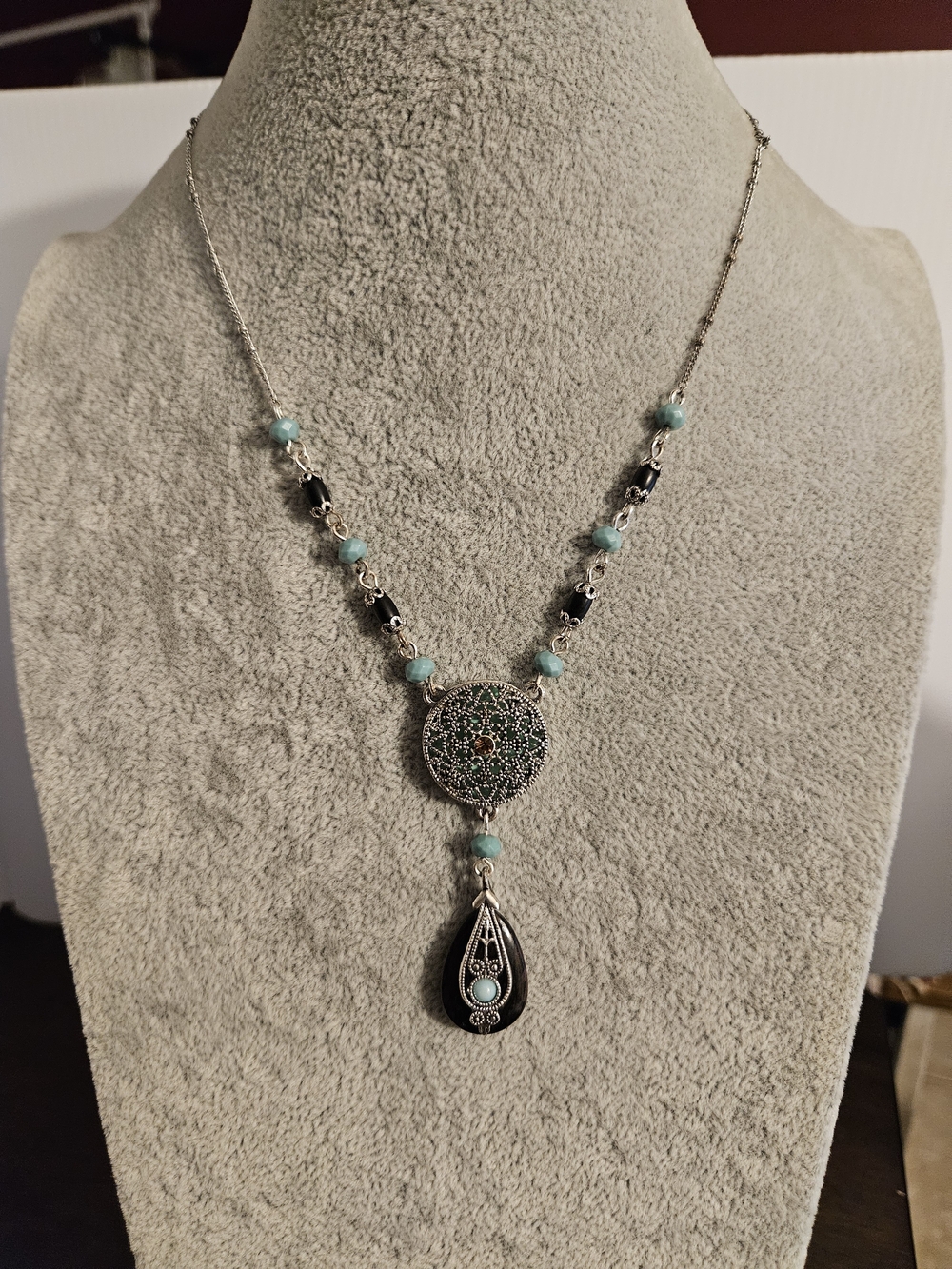 Vintage Avon Nina Ricci Silver-Tone Turquoise Accent Y Pendant Necklace